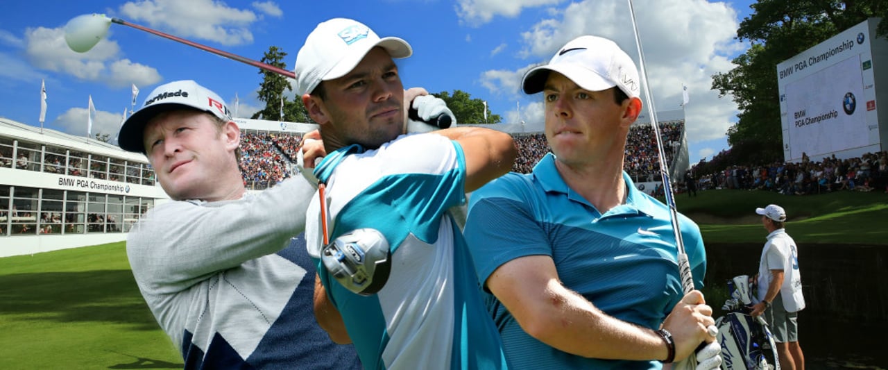 Jamie Donaldson, Martin Kaymer und Rory McIlroy teen bei der BMW PGA Championship in Wentworth gemeinsam auf.