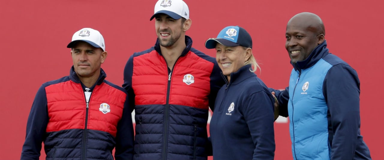 Kelly Slater, Michael Phelps vom Team USA mit Martina Navratilova und John Regis vom Team Europa (v.l.). (Foto: Getty) Kelly Slater, Michael Phelps vom Team USA mit Martina Navratilova und John Regis vom Team Europa (v.l.). (Foto: Getty)