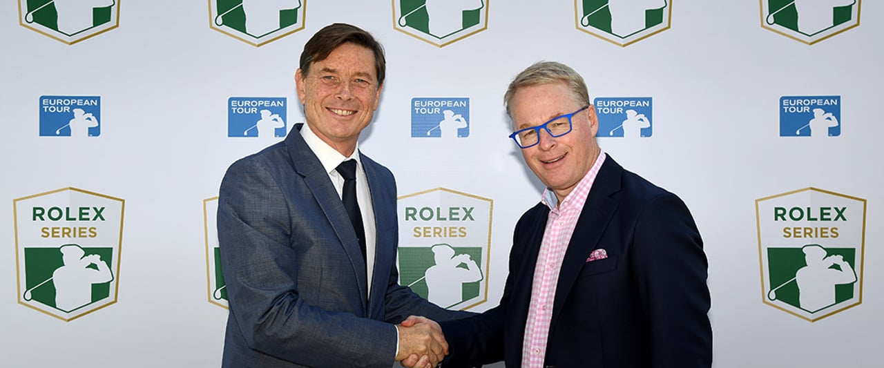 Keith Pelley (re), CEO der European Tour und Laurent Delanney, Gobal Head of Sponsorship and Partnership bei Rolex, bei der Verkündung der neuen Turnierserie "Rolex Series". (Foto: Getty)