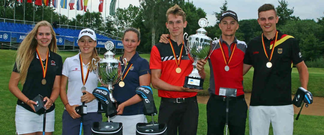 Die Medaillengewinner der Allianz German Boys and Girls Open: Annabell Fuller, Emma Spitz, Linn Grant, Falko Hanisch, Jiri Zuska und Jannik de Bruyn (v.l.) (Foto: DGV/stebl) Die Medaillengewinner der Allianz German Boys and Girls Open: Annabell Fuller, Emma Spitz, Linn Grant, Falko Hanisch, Jiri Zuska und Jannik de Bruyn (v.l.) (Foto: DGV/stebl)