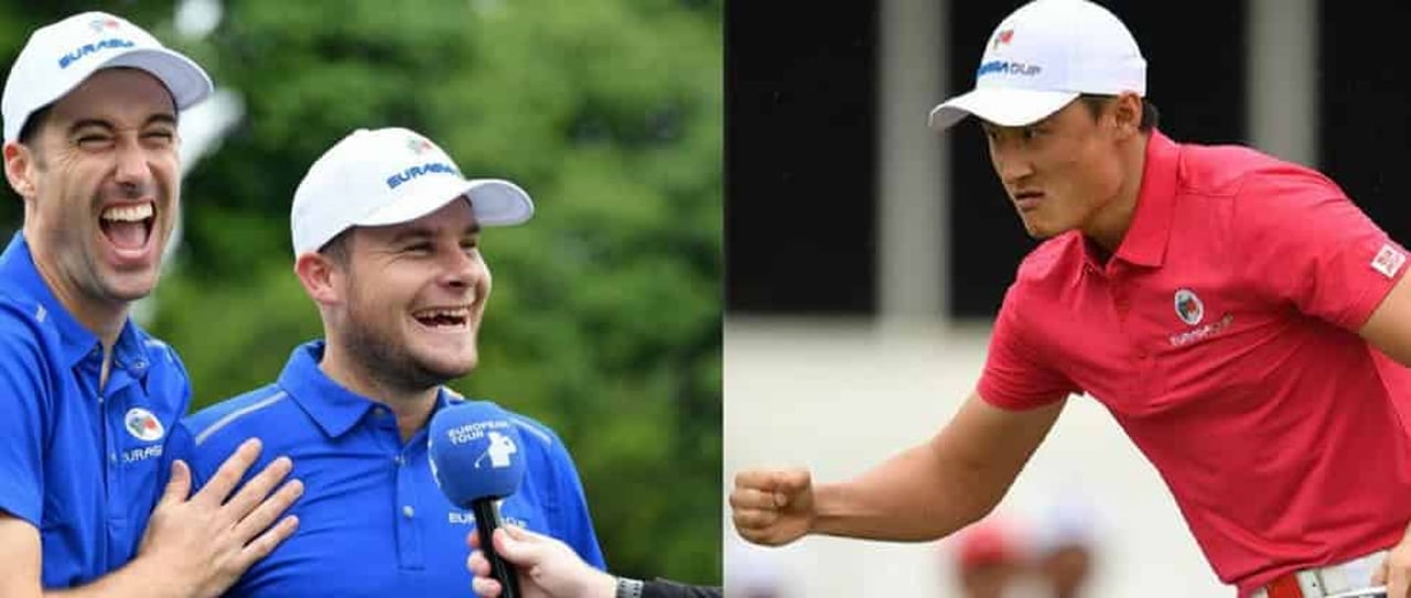 Lachende Gesichter beim EurAsia Cup. Dabei liegen die Europäer zum Auftakt gegen Asien hinten. (Foto: twitter.com/EuropeanTour) Lachende Gesichter beim EurAsia Cup. Dabei liegen die Europäer zum Auftakt gegen Asien hinten. (Foto: twitter.com/EuropeanTour)
