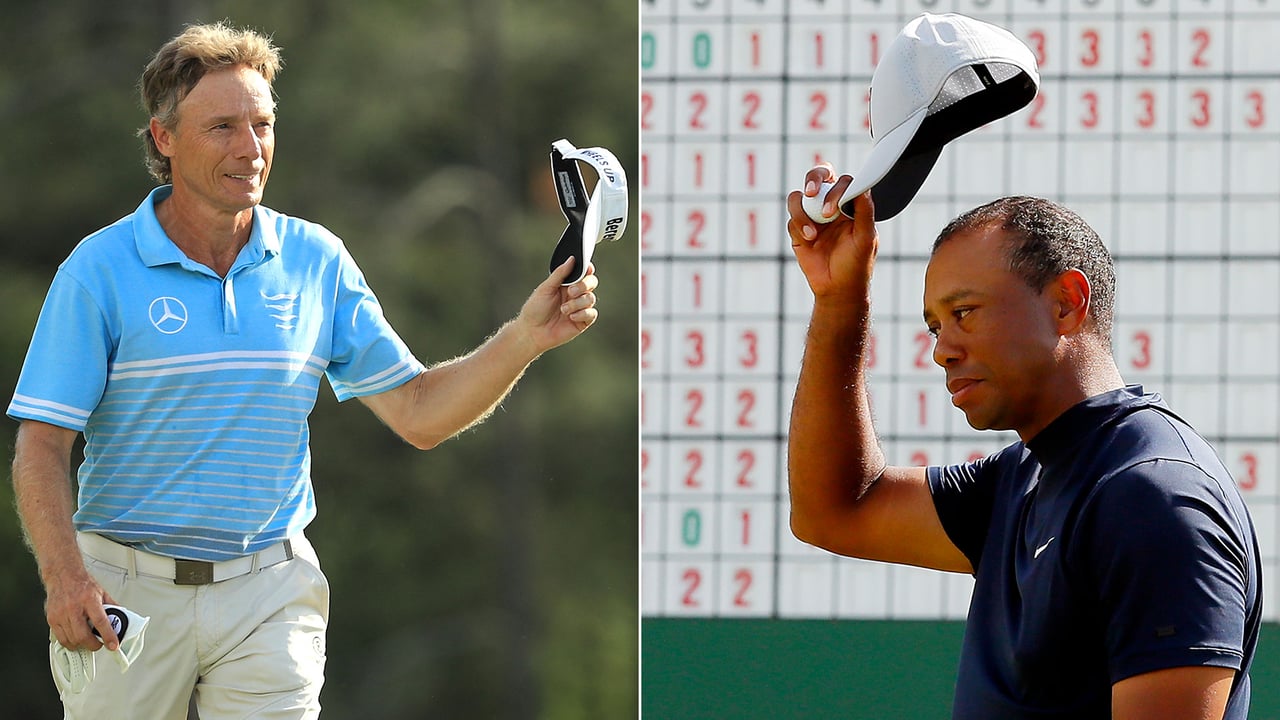 Bernhard Langer (l.) und Tiger Woods zeigen in der ersten Runde des US Masters 2019 gute Leistungen. (Foto: Getty) Bernhard Langer (l.) und Tiger Woods zeigen in der ersten Runde des US Masters 2019 gute Leistungen. (Foto: Getty)