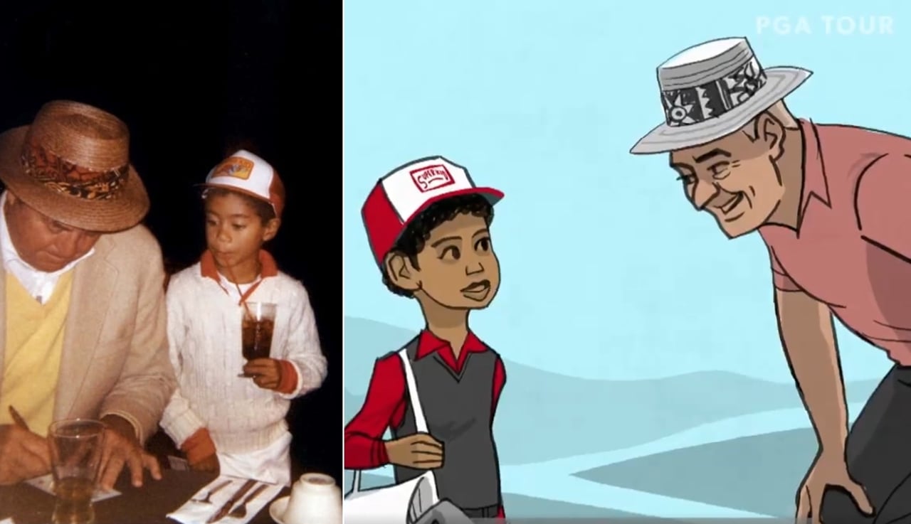Als Tiger Woods zum ersten Mal Sam Snead traf und zwei Bahnen mit ihm spielte. (Foto: Facebook @PGATour / Screenshot: Twitter @PGATOUR) Als Tiger Woods zum ersten Mal Sam Snead traf und zwei Bahnen mit ihm spielte. (Foto: Facebook @PGATour / Screenshot: Twitter @PGATOUR)