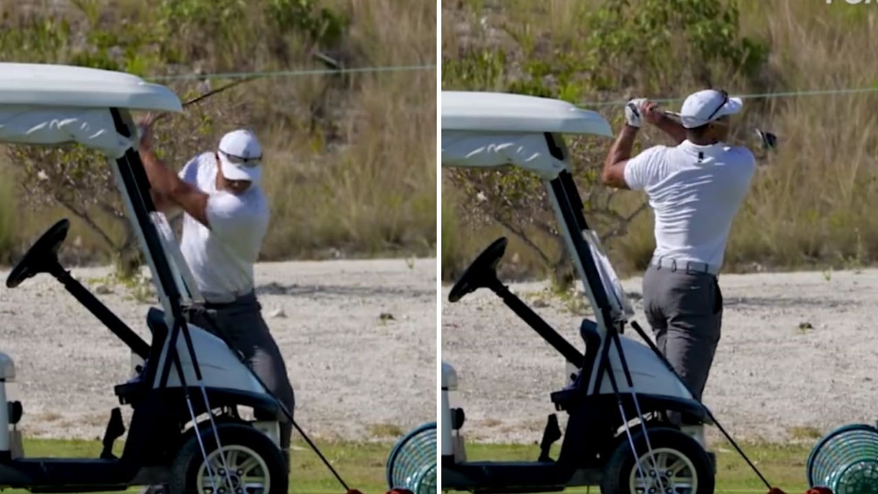 Tiger Woods auf der Driving Range des Albany Golf Clubs auf den Bahamas. (Foto: Twitter) Tiger Woods auf der Driving Range des Albany Golf Clubs auf den Bahamas. (Foto: Twitter)