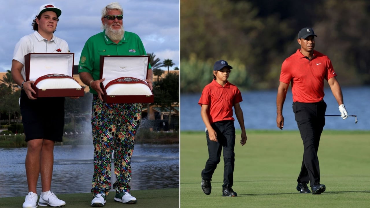 Stolze Väter mit ihren Söhnen: John Daly mit John Daly II und Tiger Woods mit Charlie. (Foto: Getty) Stolze Väter mit ihren Söhnen: John Daly mit John Daly II und Tiger Woods mit Charlie. (Foto: Getty)