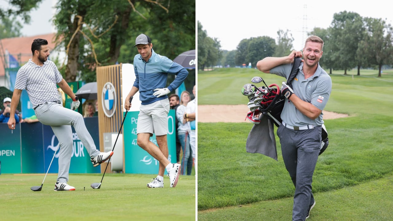 Ex-Teamkollegen Thomas Müller und Claudio Pizarro albern rum und Olympiasieger Johannes Lochner hat ebenfalls sichtlich Spaß beim Pro-Am der BMW International Open 2022. Ex-Teamkollegen Thomas Müller und Claudio Pizarro albern rum und Olympiasieger Johannes Lochner hat ebenfalls sichtlich Spaß beim Pro-Am der BMW International Open 2022.