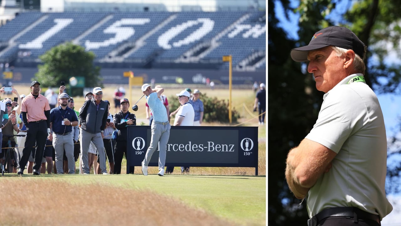 Tiger Woods und Justin Thomas auf der Proberunde vor der British Open 2022. Greg Norman (li.) ist nicht eingeladen. (Foto: Getty) Tiger Woods und Justin Thomas auf der Proberunde vor der British Open 2022. Greg Norman (li.) ist nicht eingeladen. (Foto: Getty)