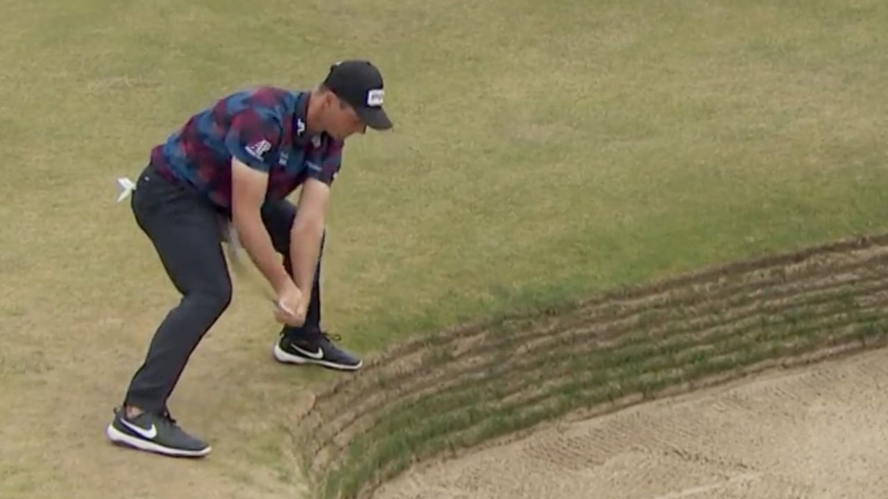 Viktor Hovland mit akrobatischen Verrenkungen bei der British Open. (Foto: twitter.com/@DPWorldTour) Viktor Hovland mit akrobatischen Verrenkungen bei der British Open. (Foto: twitter.com/@DPWorldTour)