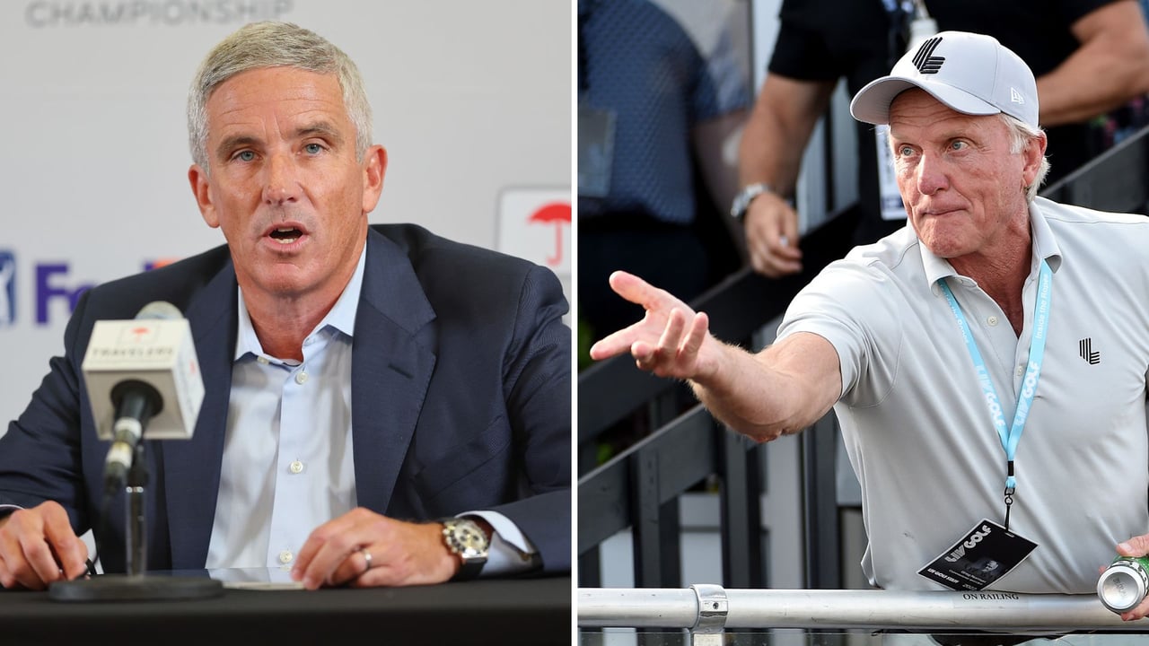 Jay Monahan (PGA Tour, li.) und Greg Norman (LIV Golf, re.). (Foto: Getty) Jay Monahan (PGA Tour, li.) und Greg Norman (LIV Golf, re.). (Foto: Getty)