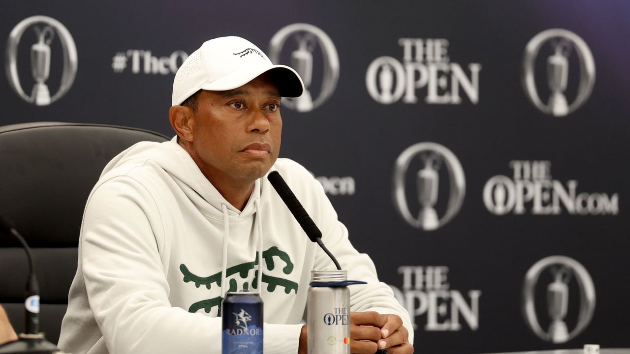 Tiger Woods spricht bei der British Open Championship 2024 über den Ryder Cup. (Foto: Getty) Tiger Woods spricht bei der British Open Championship 2024 über den Ryder Cup. (Foto: Getty)