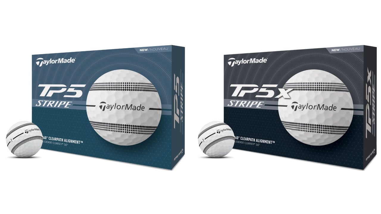 Die neuen TaylorMade TP5 und TP5x Stripe-Golfbälle mit verbesserter Ausrichtungstechnologie und Tour-Performance. (Foto: TaylorMade) Die neuen TaylorMade TP5 und TP5x Stripe-Golfbälle mit verbesserter Ausrichtungstechnologie und Tour-Performance. (Foto: TaylorMade)