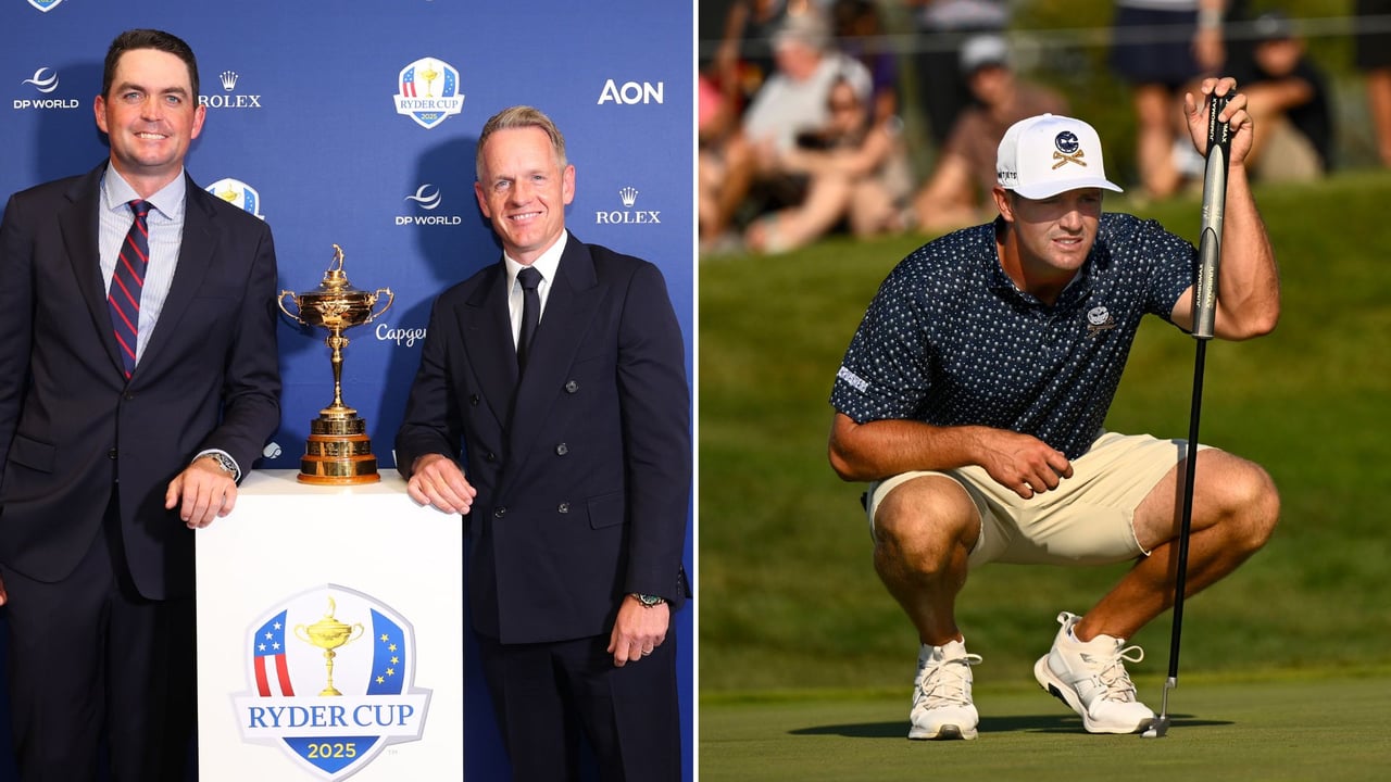 Keegan Bradley und Luke Donald präsentieren die Ryder-Cup-Trophäe 2025, während Bryson DeChambeau kreativ mit seinem Putter wird. Die Back Nine. (Fotos: Getty) Keegan Bradley und Luke Donald präsentieren die Ryder-Cup-Trophäe 2025, während Bryson DeChambeau kreativ mit seinem Putter wird. Die Back Nine. (Fotos: Getty)