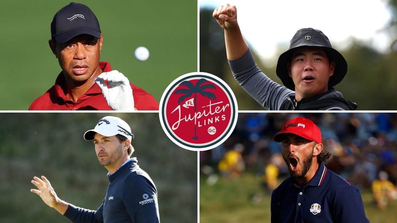 Jupiter Links GC mit Tiger Woods, Tom Kim, Kevin Kisner und Max Homa. (Fotos: Getty und TGL Media Hub) Jupiter Links GC mit Tiger Woods, Tom Kim, Kevin Kisner und Max Homa. (Fotos: Getty und TGL Media Hub)