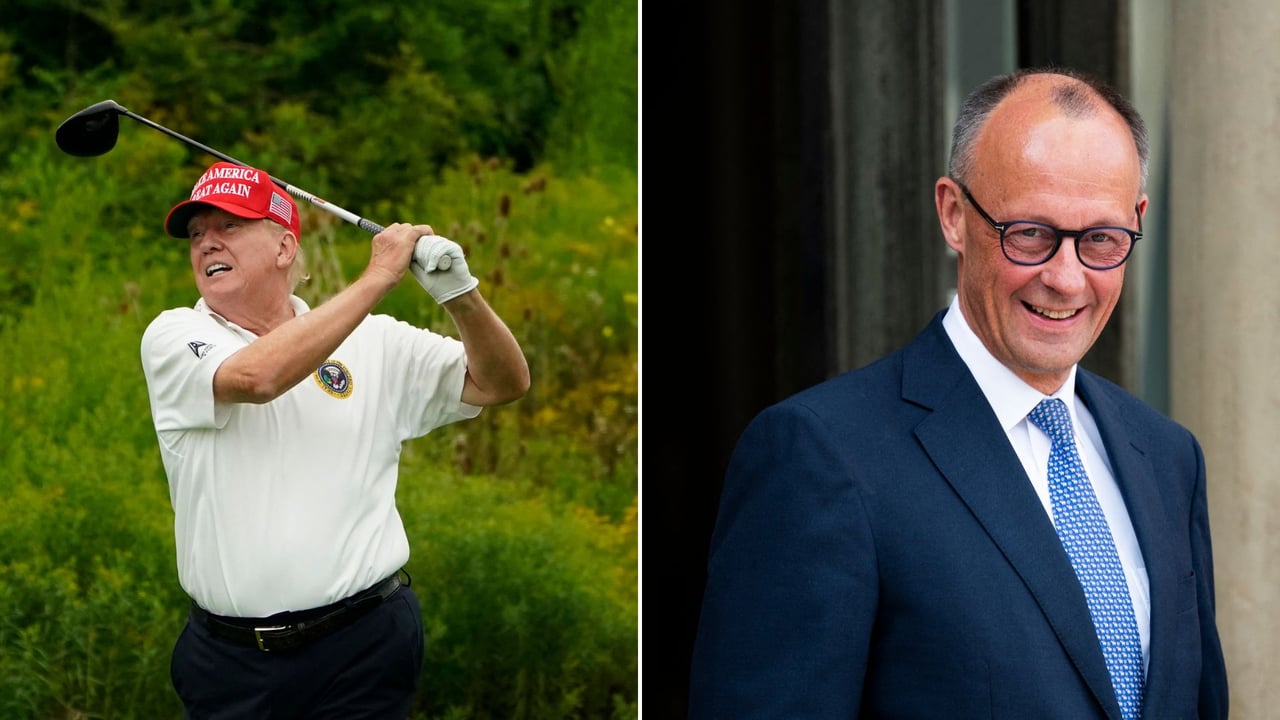 Trump spricht gern beim Golf – Merz könnte die eigene Platzreife dabei zu Gute kommen. (Fotos: Getty)