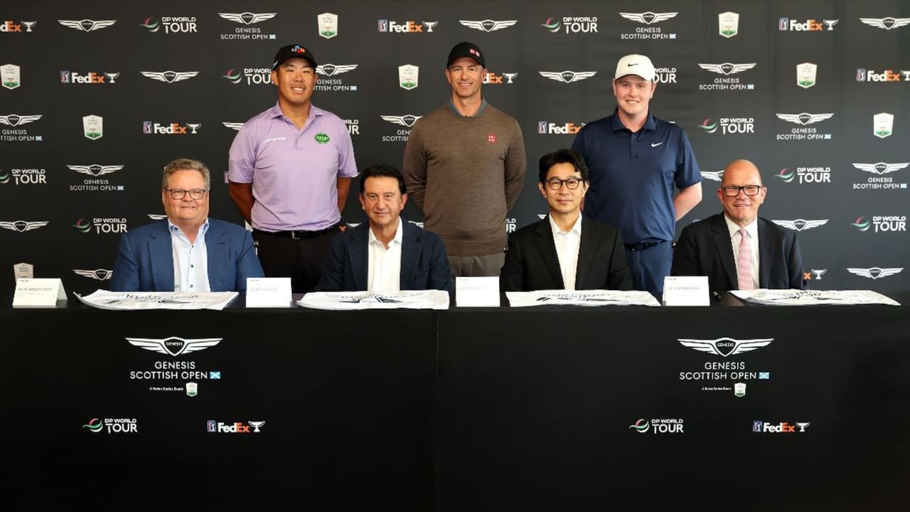 PGA Tour Chief Commercial Officer Rick Anderson, President and CEO of Genesis José Muñoz, Global Head of Genesis Mike Song, DP World Tour CEO Guy Kinnings Zweite Reihe: Ben An (PGA TOUR), Adam Scott (PGA TOUR), Robert MacIntyre (DP World Tour). (Foto: Genesis) PGA Tour Chief Commercial Officer Rick Anderson, President and CEO of Genesis José Muñoz, Global Head of Genesis Mike Song, DP World Tour CEO Guy Kinnings Zweite Reihe: Ben An (PGA TOUR), Adam Scott (PGA TOUR), Robert MacIntyre (DP World Tour). (Foto: Genesis)
