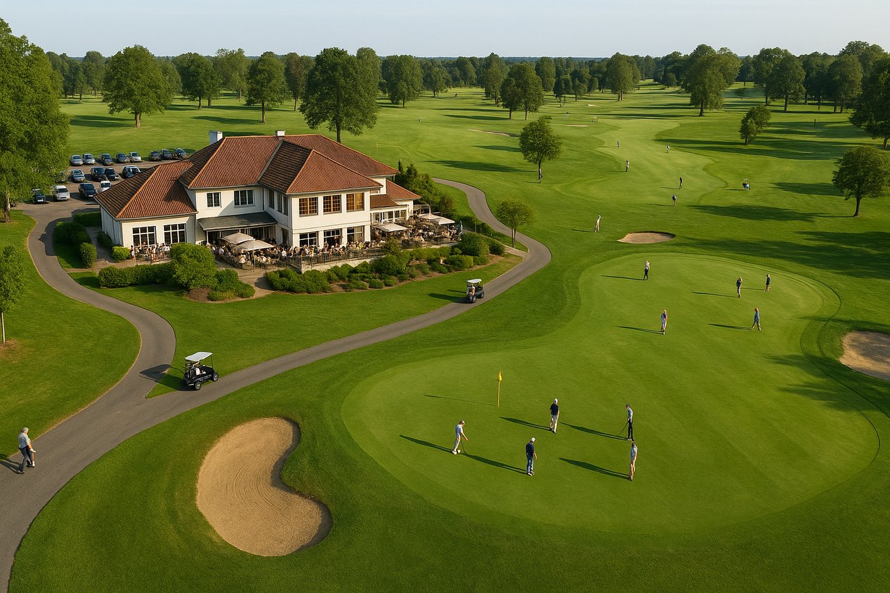 Luftaufnahme eines gut besuchten Golfplatzes mit Clubhaus, gepflegten Fairways und spielenden Golfern bei sonnigem Wetter.