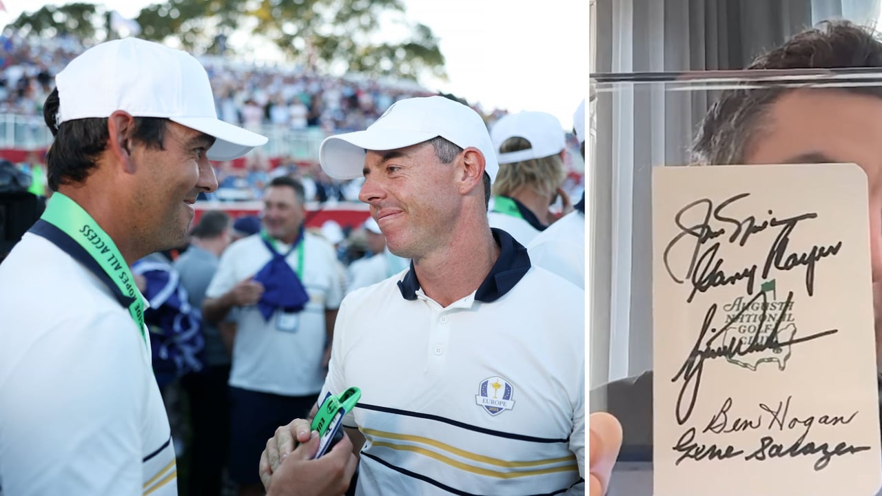 Rory McIlroy mit seinem Caddy Harry Diamond nach dem Ryder Cup 2025. (Fotos: instagram/shotgunstartpod und Getty)