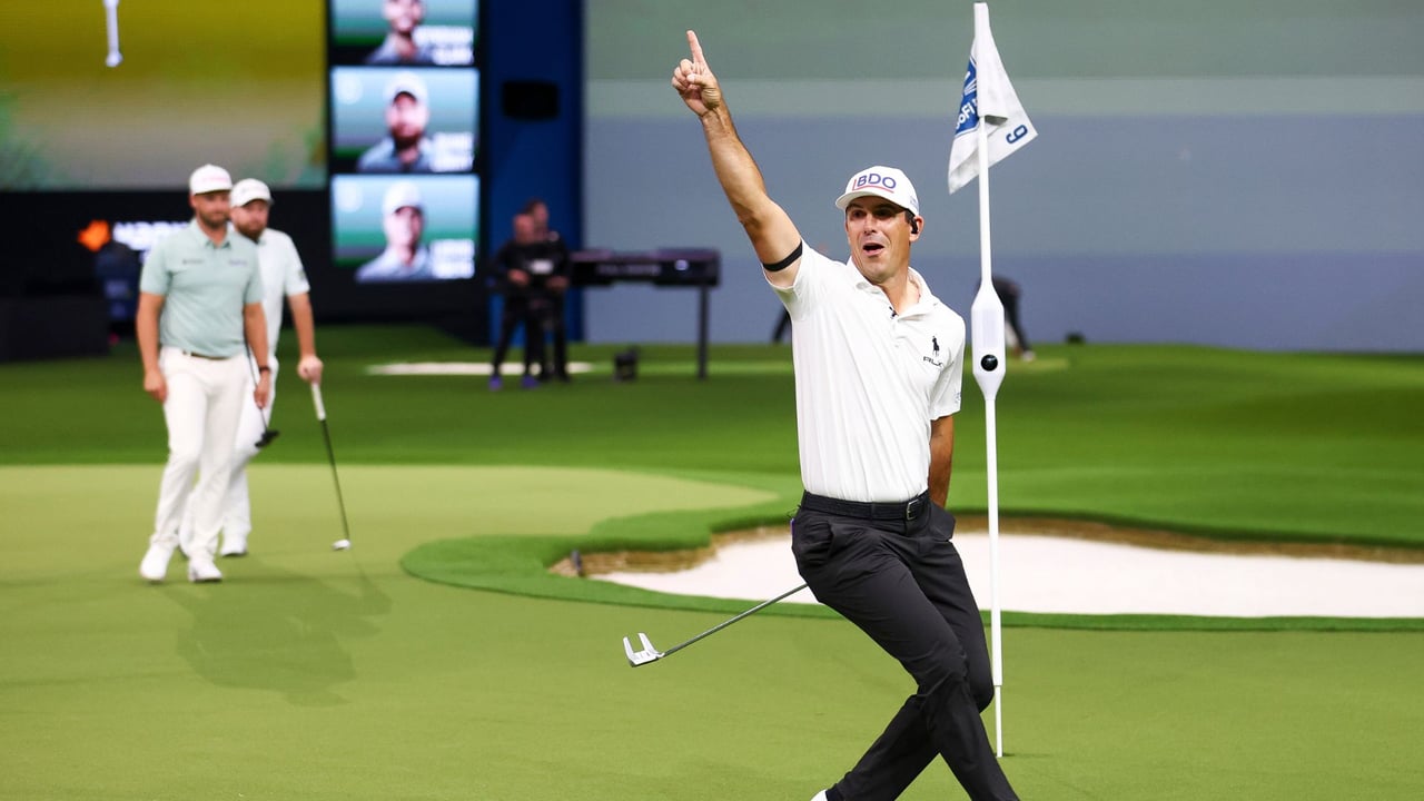 Auf Loch 13 locht Billy Horschel den finalen Birdieputt im TGL-Spiel. (Foto: TGL Media Hub)