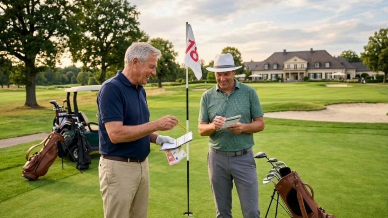 Zwei Golfer vergleichen lächelnd ihre Scorecards. Ein Spieler hat Euro-Scheine in der Hand, was eine private Nebenwette symbolisiert. Im Hintergrund ist das Clubhaus zu sehen.