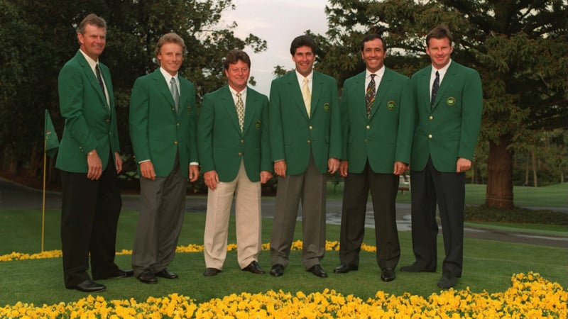 V.l.n.r.: Sandy Lyle, Bernhard Langer, Ian Woosnam, Jose Maria Olazabal, Seve Ballesteros und Nick Faldo vor dem Champions Dinner beim US Masters Tournament 1995, (Foto: Getty)