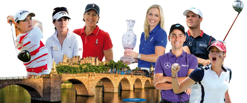 Die Teilnehmer des Charity Show Matchs sind: die Team-Kapitäninnen des Solheim Cup 2015, Carin Koch und Juli Inkster, die Top-Spielerinnen Sandra Gal, Caroline Masson und Paula Creamer, der U.S. Open Sieger und Deutschlands Nummer eins, Martin Kaymer, sowie der dreimalige Sieger auf der Challenge-Tour, Moritz Lampert. (Foto: St. Leon-Rot)