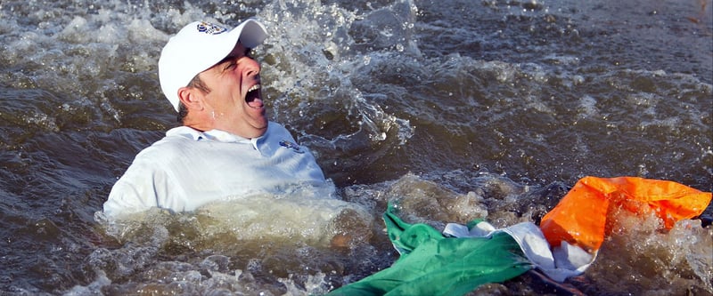 Der Rookie von 2002 ist Captain 2014 - Paul McGinley bei seinem legendären Bad. (Foto: Getty)