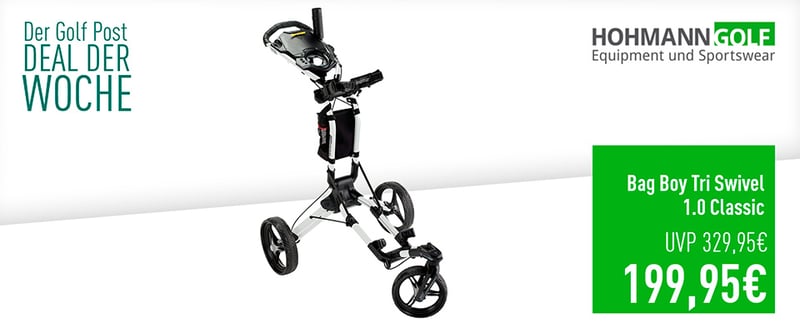 Bag Boy Tri Swivel 1.0 Trolley inklusive Schirmhalter im Deal der Woche. (Foto: Golf Post)