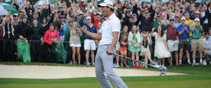 Adam Scott bejubelt seinen US Masters-Sieg 2013. Mit dabei: Der Broomstick-Putter. (Foto: Getty)