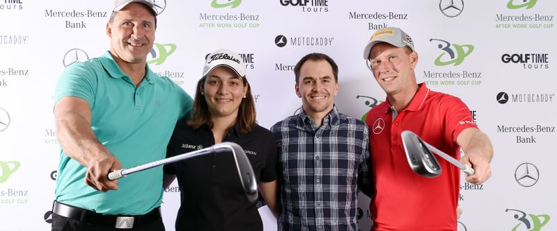 Lars Riedel, Karolin Lampert, Michael Greis und Marcel Siem (v.l.) waren beim Kickoff des After Work Golf Cup in München dabei.