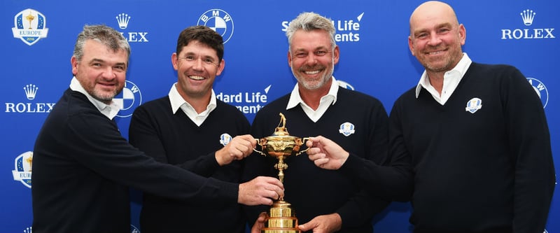 Darren Clarke (2.v.r.) mit seinen Ryder Cup Co-Kapitänen Paul Lawrie (1.v.l.), Padraig Harrington (2.v.l.) und Thomas Björn (1.v.r). (Foto: Getty)