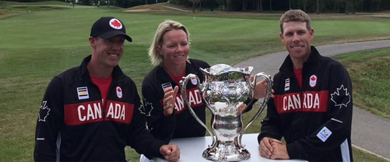 Graham DeLaet, Alena Sharp, David Hearn (v.l.) und Brooke Henderson haben bei den Olympischen Spielen die Chance auf die Titelverteidigung im olympischen Golf. (Foto: twitter.com/PGATOUR)