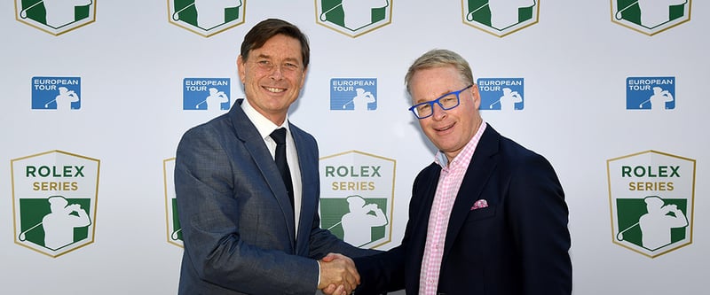 Keith Pelley (re), CEO der European Tour und Laurent Delanney, Gobal Head of Sponsorship and Partnership bei Rolex, bei der Verkündung der neuen Turnierserie 