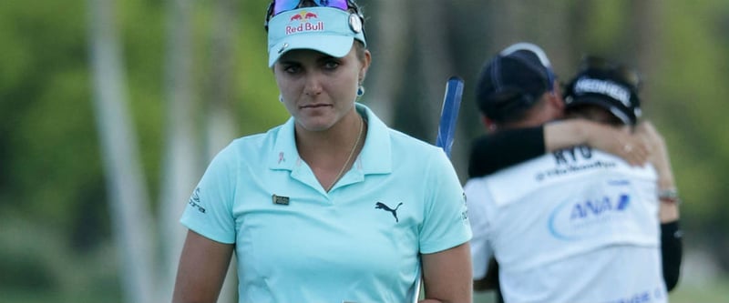 Der Moment der Enttäuschung. Lexi Thompson (USA) verliert nach vier nachträglich auferlegten Strafschlägen das Stechen bei der ANA Inspiration.