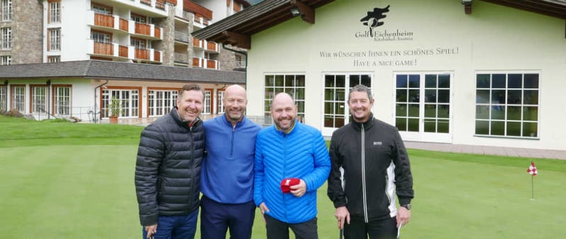 Kitzbühel Englands Fußball-Hero Alan Shearer mit Eichenheim Golf-Manager Dominik Kremper (Mitte) und den Event-Organisatoren Martin Terrell (l.) und Jamie O’Doherty.