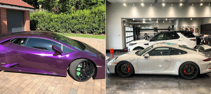 Tyrell Hatton mit neuer Farbe auf seinem Lamborghini Huracán und Ian Poulter mit seinem ersten Porsche. (Foto: Instagram / @tyrellhatton, @ianjamespoulter)