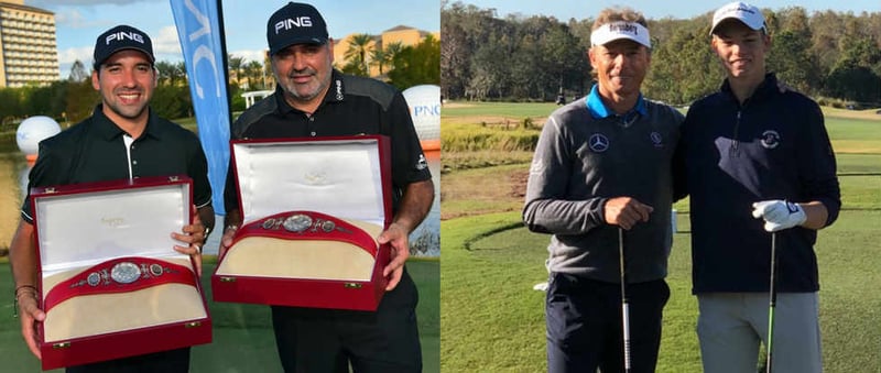 Bernhard Langer und Sohn Jason (rechts) müssen Team Cabrera (links) den Sieg überlassen. (Fotos: Twitter/@PNCFatherSon)