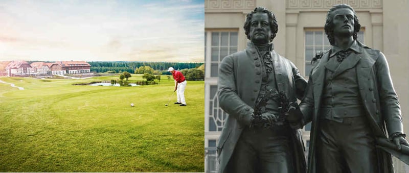 Golf oder Goethe? Warum nicht beides? (Foto: Facebook/@GolfresortWeimarerLand und Getty)