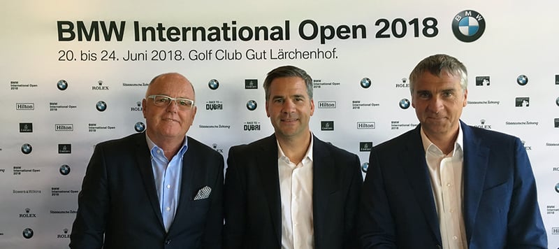 Josef Spyth, Geschäftsführer des GC Gut Lärchenhof, Friedrich Ebel, Leiter Sportmarketing BMW, und Marco Kaussler (v.l.n.r.), Turnierdirektor, bei der ersten Pressekonferenz der BMW International Open 2018. (Foto: Golf Post)