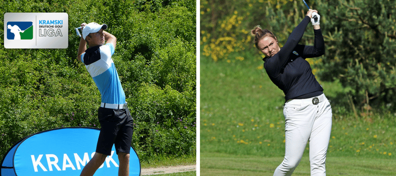 Im Frankfurter GC findet mit dem zweiten Spieltag der Kramski Deutschen Golf Liga ein Doppelspieltag statt. Hier zu sehen sind Maximilian Oelfke vom GC Mannheim Viernheim (li.) und Marie Coors vom Frankfurter GC (re.). (Foto: DGV)