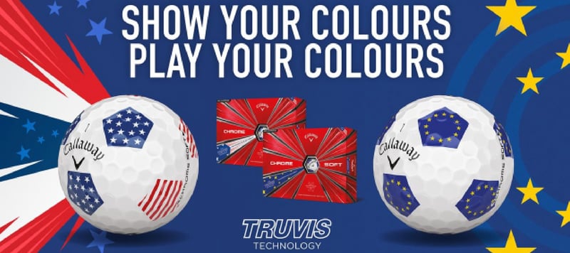 Der Callaway Chrome Soft Golfball kommt passend zum anstehenden Ryder Cup in Teamfarben daher. (Foto: Callaway)