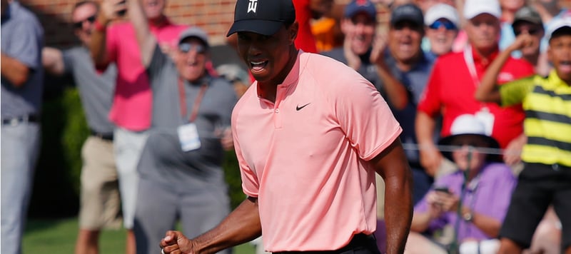 Tiger Woods packt die Tiger-Faust nach einem Eagle an der 18 bei der Tour Championship der PGA Tour aus. (Foto: Getty)