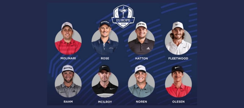 Diese acht Spieler stehen für das Ryder Cup Team aus Europa nach der Made in Denmark fest! (oben v. li. nach re.: Francesco Molinari, Justin Rose, Tyrell Hatton und Tommy Fleetwood. Unten v. li. nach re.: Jon Rahm, Rory McIlroy, Alex Noren und Thorbjørn Olesen)