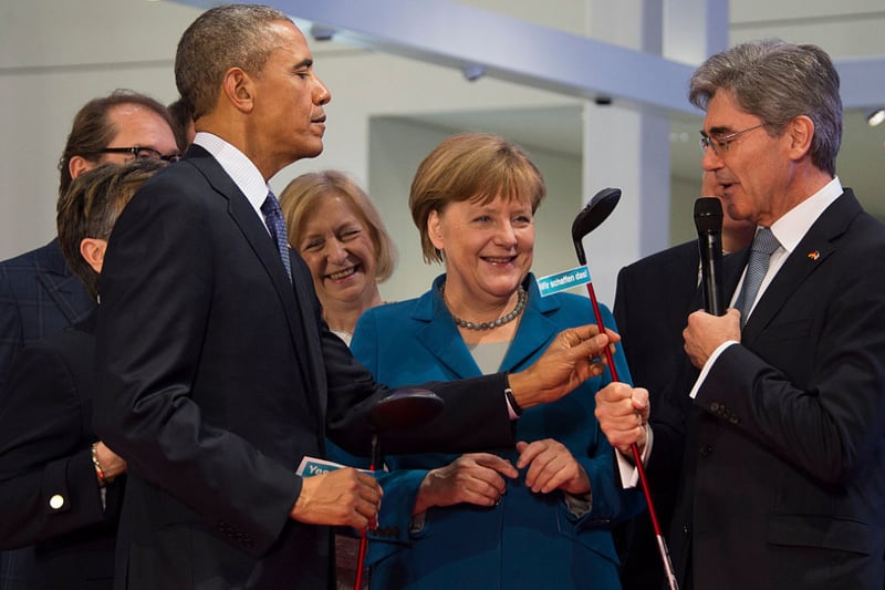 Obama, Merkel und Siemens CEO Kaeser in Hannover 2016.