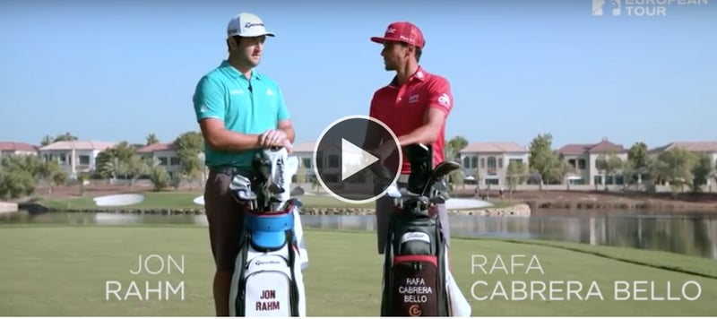 Jon Rahm (re.) gegen Rafael Cabrera Bello (li.) im Wettstreit bei der 14 Club Challenge in Dubai. (Foto: YouTube / European Tour)