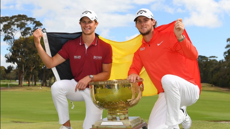 Thomas Pieters und Thomas Detry feiern den Sieg beim World Cup of Golf 2018. (Foto: Twitter.com/@tomdetry)