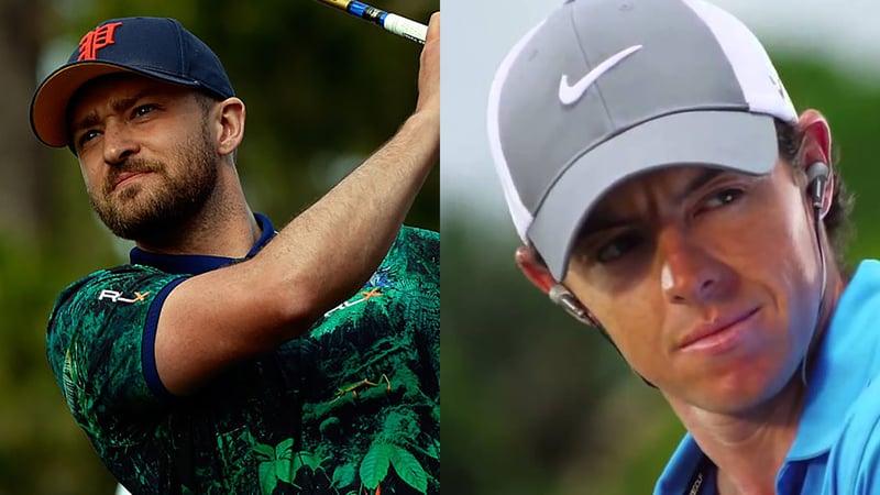 Justin Timberlake (l.) ist einer der weltweit bekanntesten Musiker und liebt Golf. Bei Rory McIlroy ist es genau andersherum. (Foto: Getty / Screenshot YouTube)