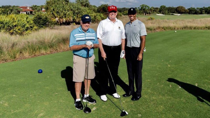 Donald Trump mit Tiger Woods und Jack Nicklaus am Abschlag. (Foto: Twitter.com/@realDonaldTrump)