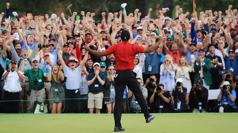 Tiger Woods jubelt über den Sieg beim US Masters 2019. (Foto: Getty)