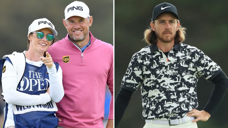 Lee Westwood mit seiner Freundin am Bag (links), Tommy Fleetwood in gewöhnungsbedürftigem Outfit bei der British Open 2019. (Foto: Getty)