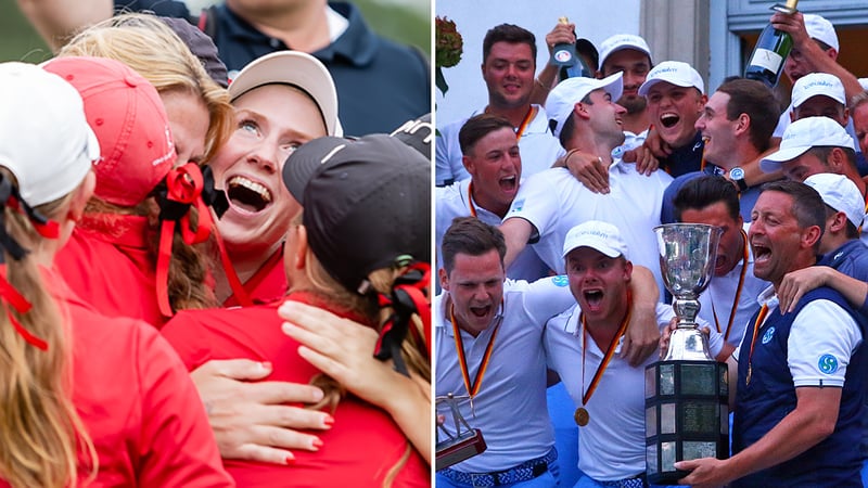 St- Leon-Rot (Damen) und Stuttgart (Herren) feiern den Gewinn der Deutschen Mannschafts Meisterschaft im Final Four der Deutschen Golf Liga. (Foto links: DGV/Thiess, Foto rechts: DGV/Stebl)
